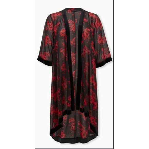 Torrid Black Red Floral Velvet Trim Elegant Romantic Rose Hi-Lo Kimono Plus 2X - Picture 9 of 11
